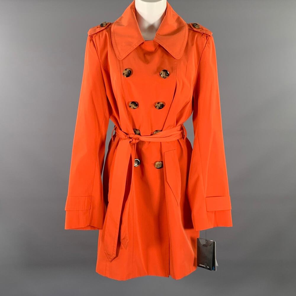 LONDON FOG Size L Orange Polyester Double Breasted Trench Coat